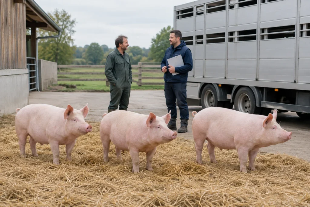 Trois porcs roses se tiennent sur de la paille à côté d’un camion de transport d’animaux. Deux hommes se trouvent près d’eux, dont un avec un porte documents.