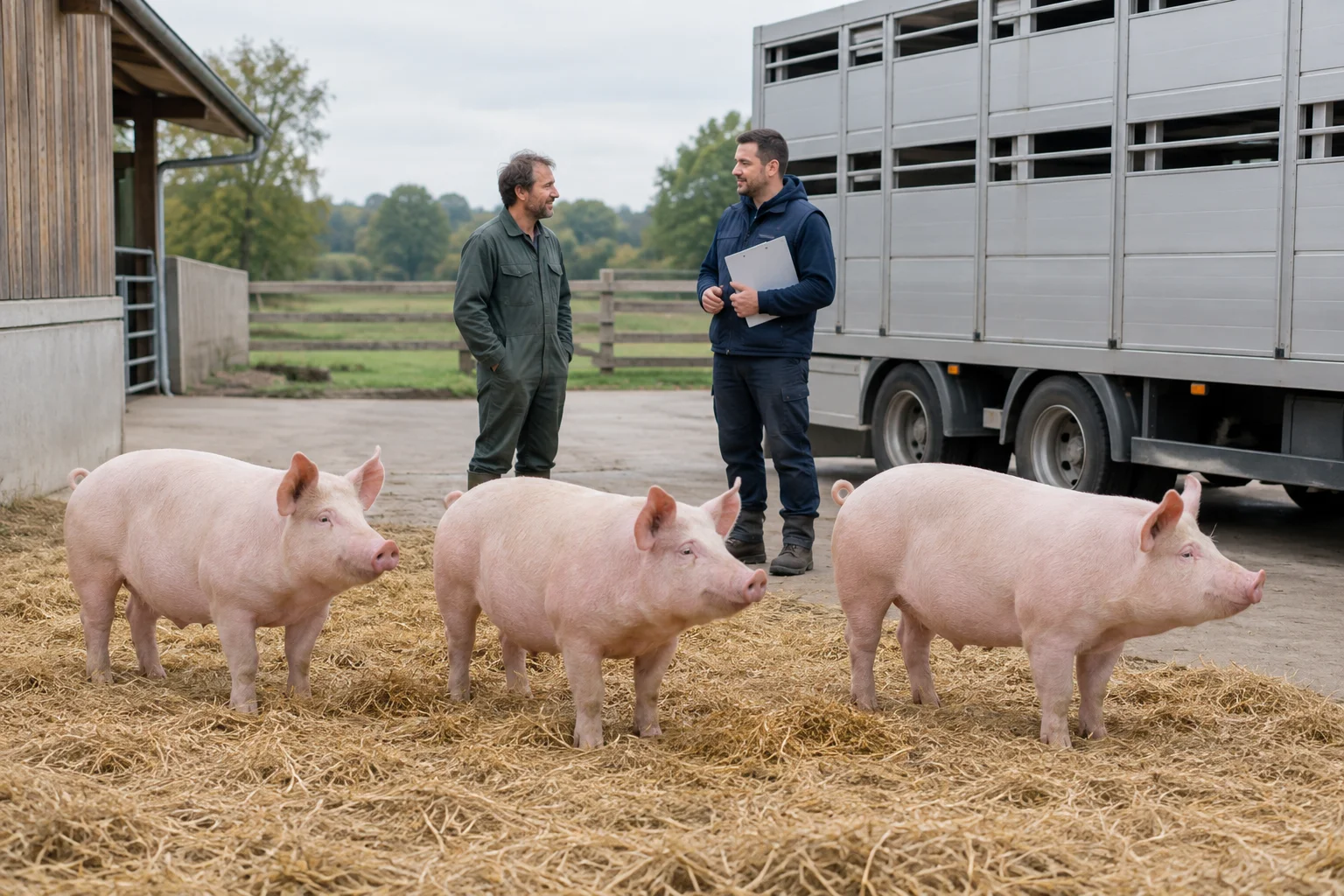 Trois porcs roses se tiennent sur de la paille à côté d’un camion de transport d’animaux. Deux hommes se trouvent près d’eux, dont un avec un porte documents.