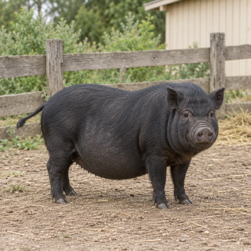 Cochon noir aux oreilles dressées et au ventre pendant, entièrement visible dans un espace extérieur clôturé.
