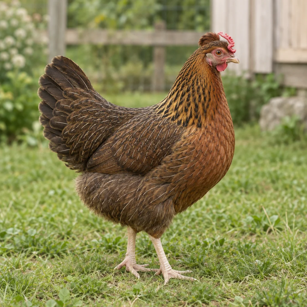 Illustration d’une poule Altsteirer brun sauvage dotée d’une petite huppe, debout dans l’herbe.