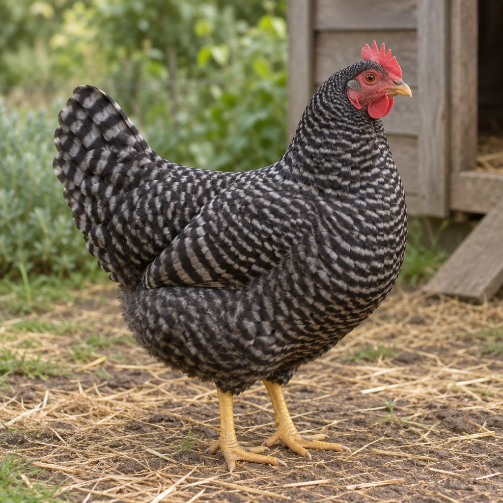 Illustration d’une poule barrée de type Amrock, avec une crête rouge et des pattes jaunes, près d’un poulailler.