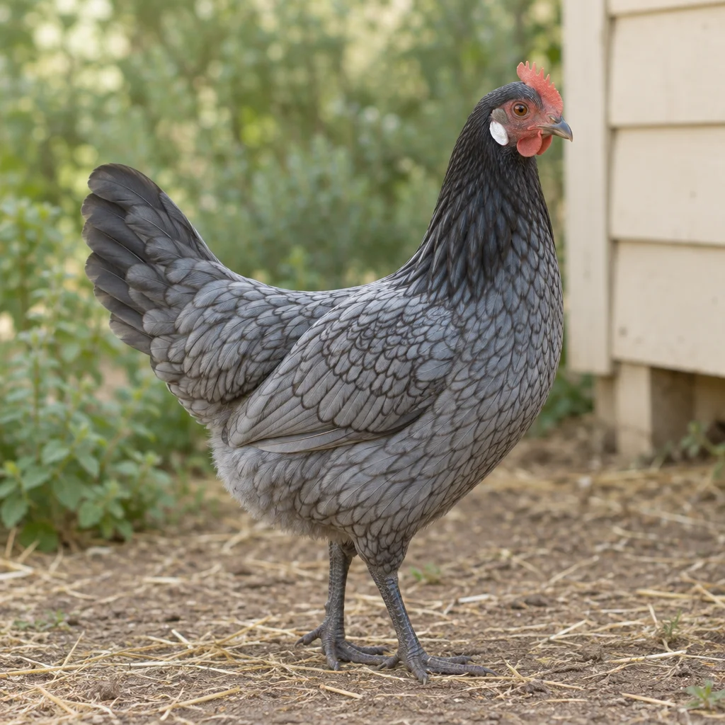 Une poule au plumage gris bleuté bordé de sombre, au cou sombre, avec un oreillon blanc et des pattes gris ardoise, se tient dans une cour près d’un poulailler en bois.