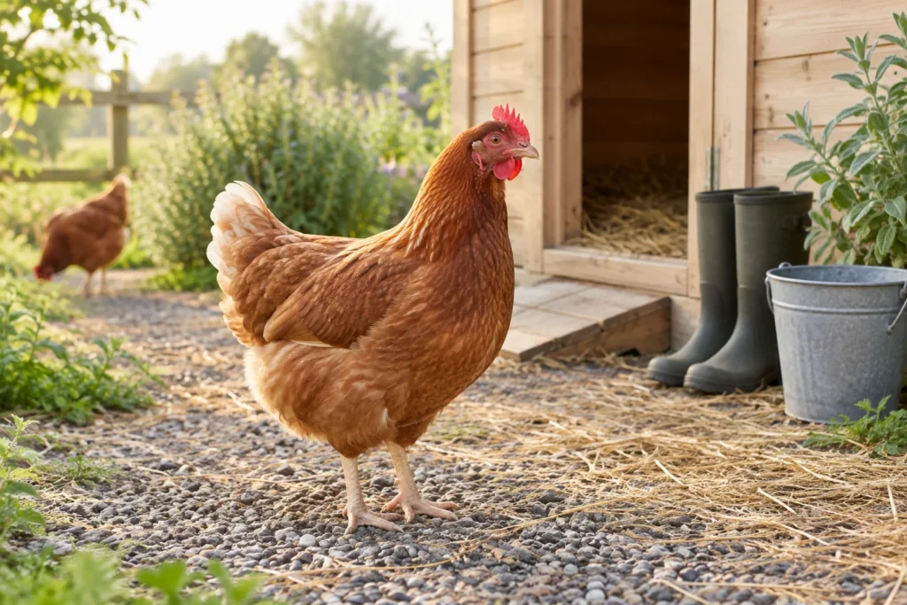 Deux poules brunes dans une cour ouverte, près d’un poulailler en bois.