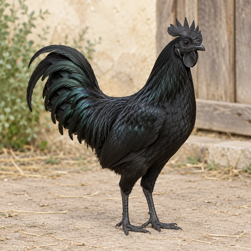 Un coq noir à la crête et aux pattes sombres se tient dans une cour, devant un mur clair et une porte en bois.