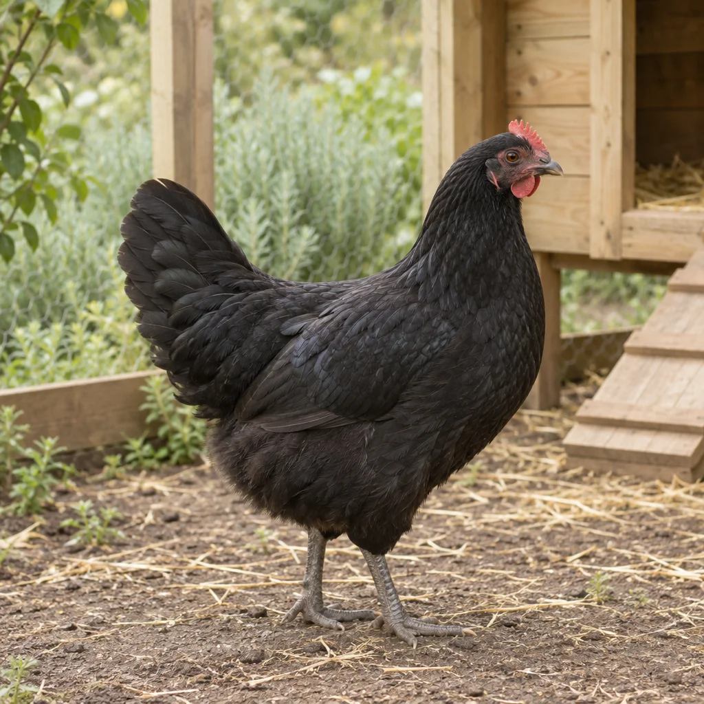 Illustration d'une poule noire à crête rouge à côté d'un poulailler en bois.
