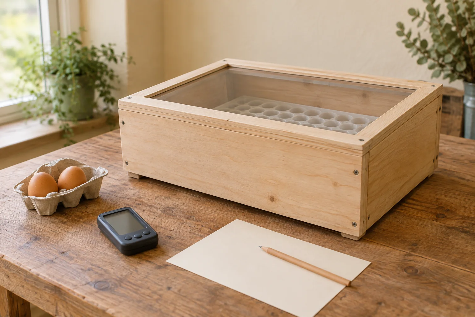 Enceinte en bois avec couvercle transparent et support à œufs vide sur un établi, à côté de deux œufs, d’un appareil de mesure à l’écran éteint, d’une feuille blanche et d’un crayon.