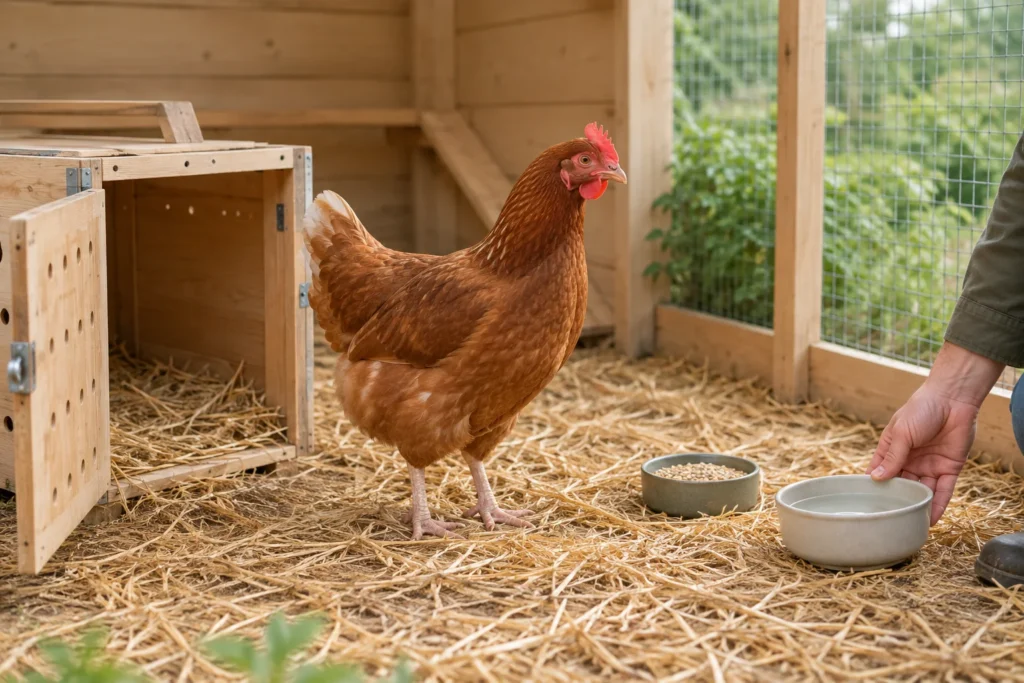Poule brune dans un enclos garni de paille, à côté d'une caisse de transport en bois ouverte. Une main pose un abreuvoir.
