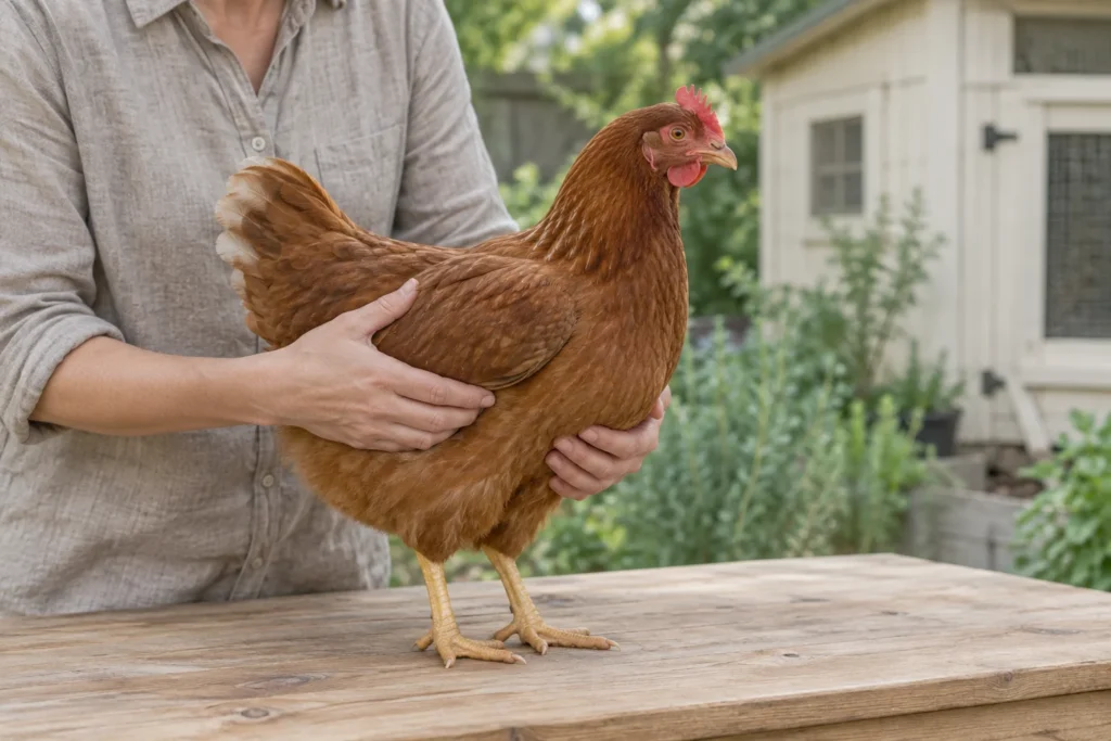 Une poule brune se tient sur une table en bois tandis qu’une personne la tient calmement à deux mains, dont une sous la poitrine.