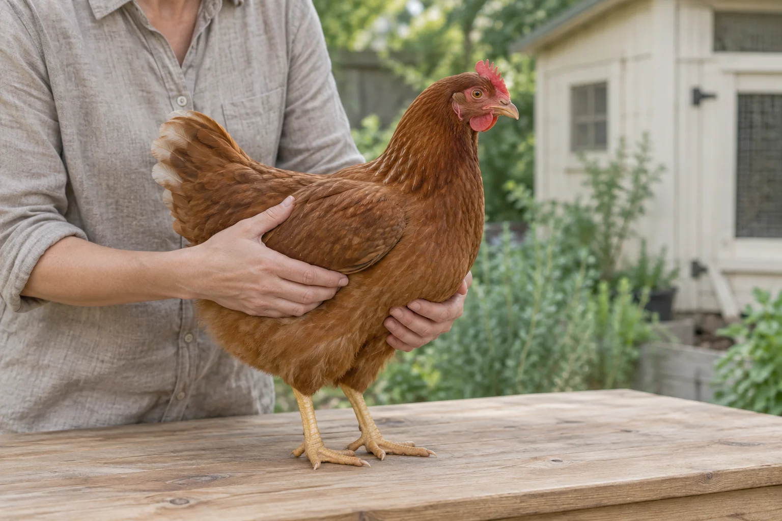 Une poule brune se tient sur une table en bois tandis qu’une personne la tient calmement à deux mains, dont une sous la poitrine.