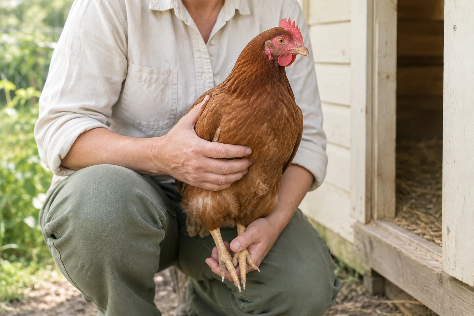 Une personne accroupie tient une poule brune droite près d’un poulailler en bois, une main le long de son aile et l’autre sous ses pattes.