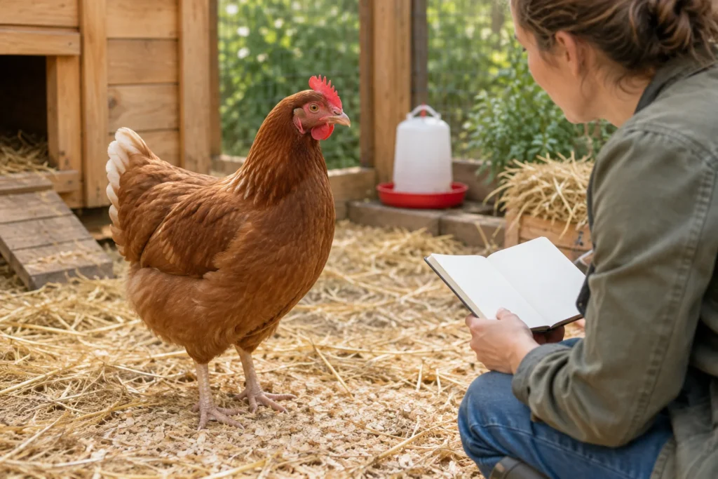 Une poule brune se tient sur de la paille dans un poulailler, tandis qu’une personne assise à côté d’elle tient un carnet ouvert et vierge.