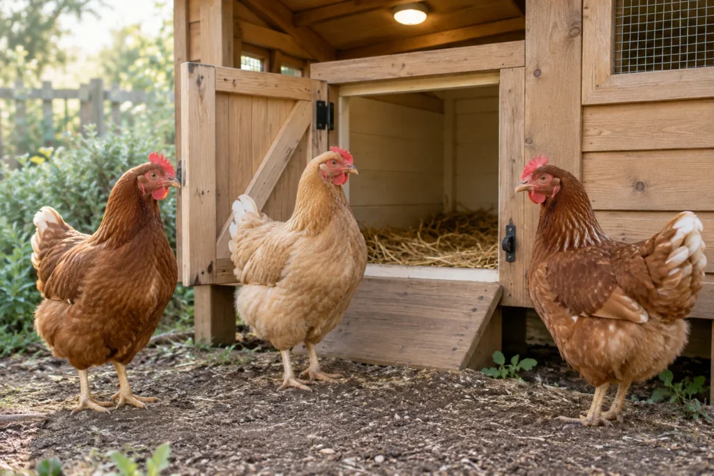 Trois poules près d’un poulailler en bois, avec une lampe allumée au plafond.