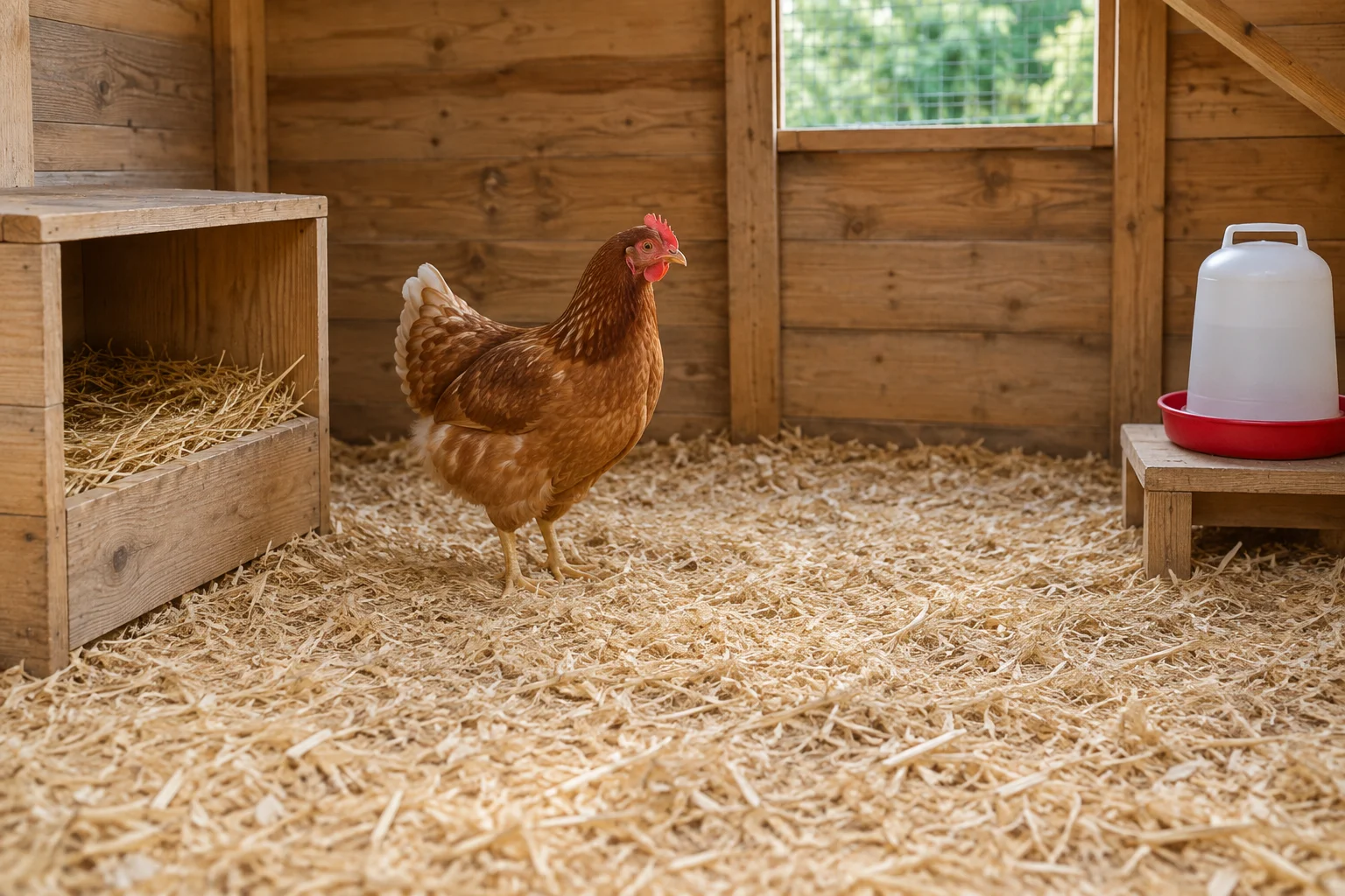 Illustration d’une poule brune dans un poulailler en bois, avec une litière de couleur claire sur le sol, un pondoir garni de paille et un abreuvoir.