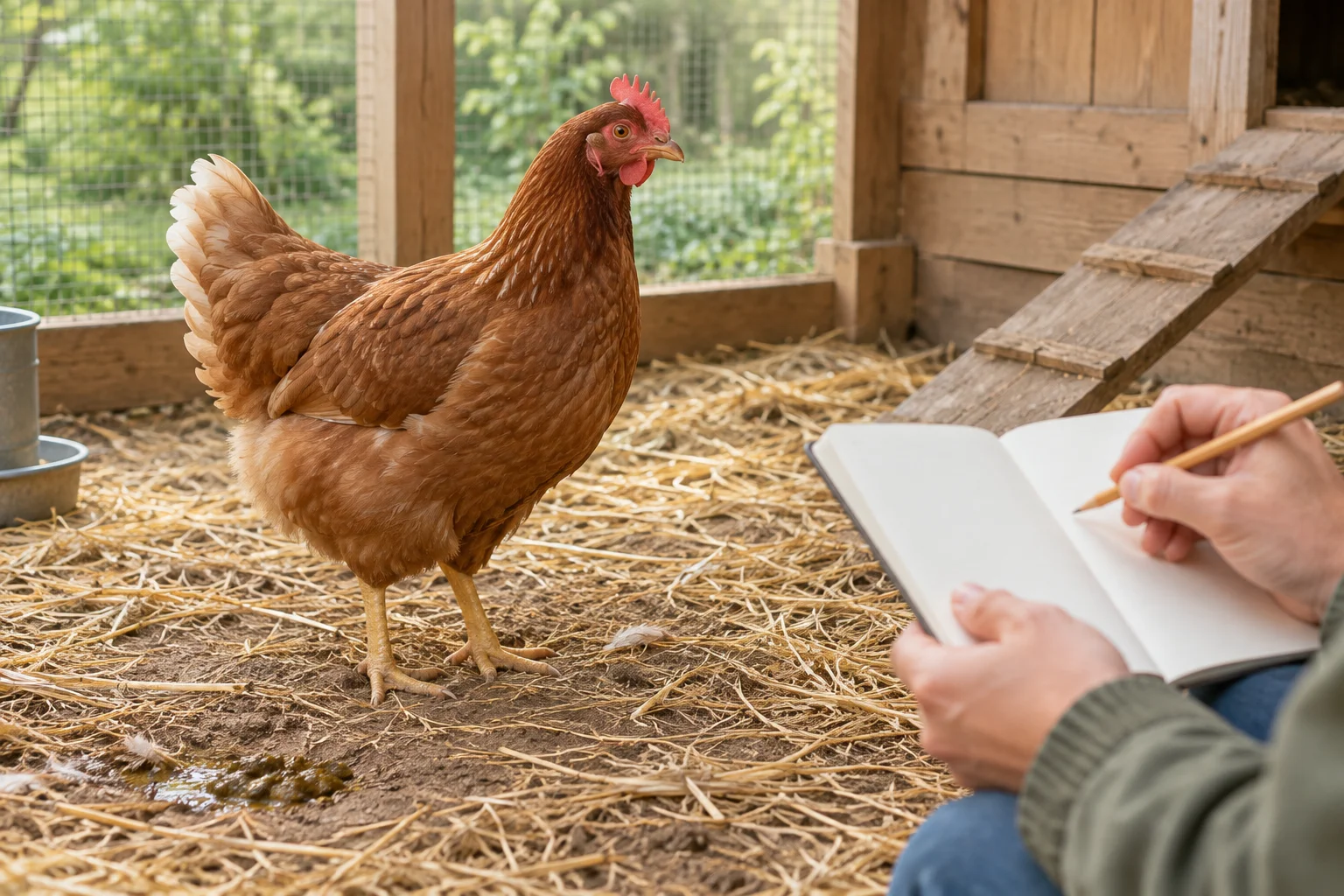 Poule brune dans un enclos, à côté d’une personne qui s’en occupe avec un carnet vierge et un crayon. De la paille et des fientes se trouvent au sol.
