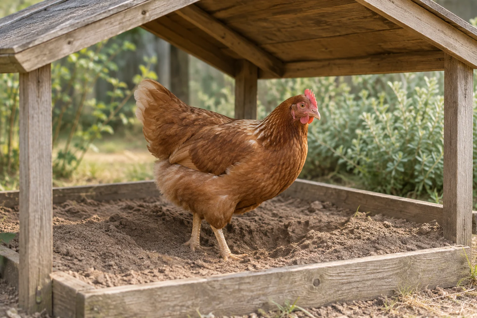 Une poule brune se tient dans de la terre meuble, dans un bac en bois peu profond sous un auvent en bois.