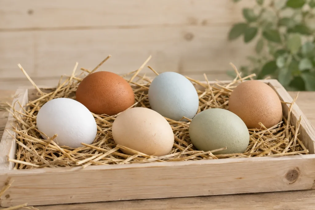 Six œufs aux coquilles blanches, crème, brunes, bleu clair et vert clair reposent sur de la paille dans un bac en bois.