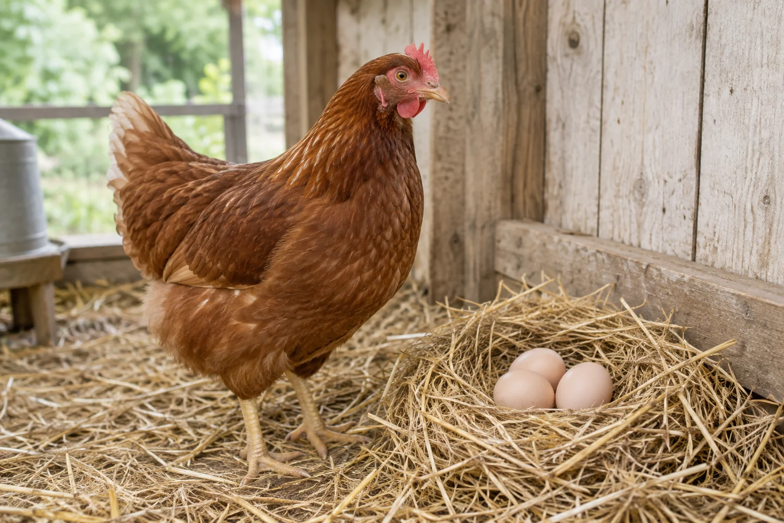 Une poule brune se tient à côté d’un nid de paille contenant trois œufs, dans un poulailler en bois.