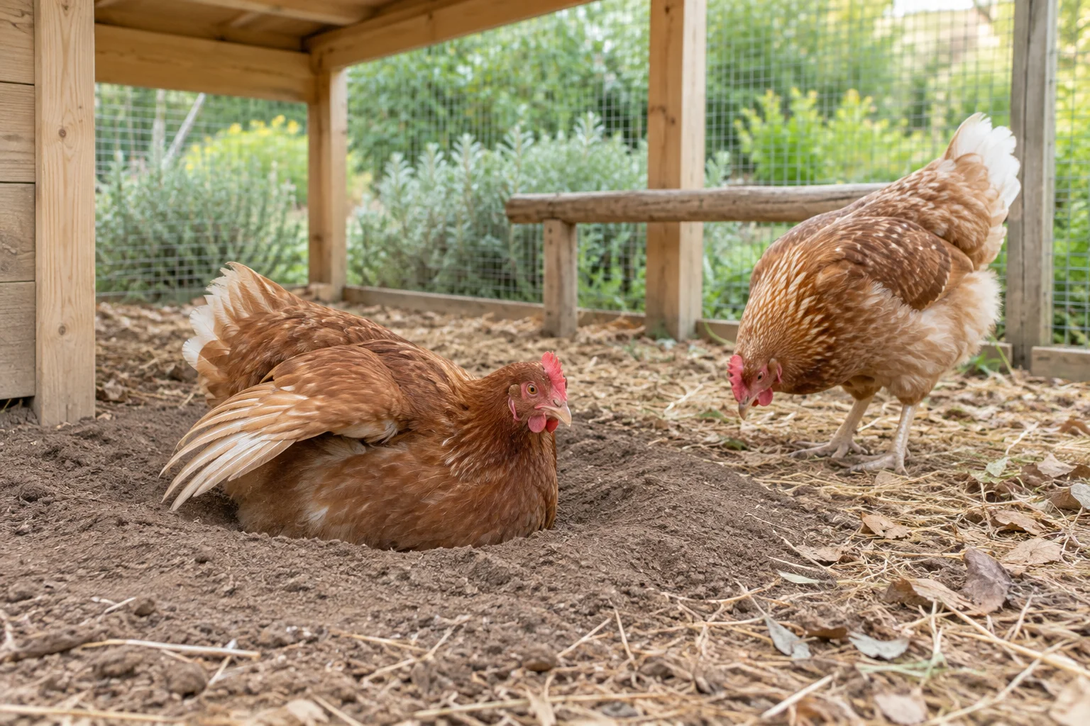 Deux poules brunes dans un parcours couvert : l’une est couchée dans un creux de terre meuble, l’autre se tient sur de la paille et des feuilles.