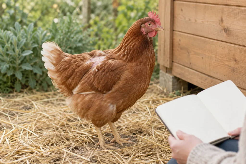 Poule brune présentant une zone au plumage clairsemé sur le dos, à côté d’une personne avec un carnet vierge.