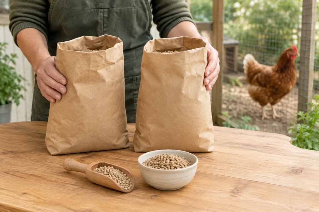 Une personne tient deux sacs en papier sans inscription pour aliment sur une table en bois, à côté d’une pelle et d’un bol de granulés. Une poule brune se trouve au fond.