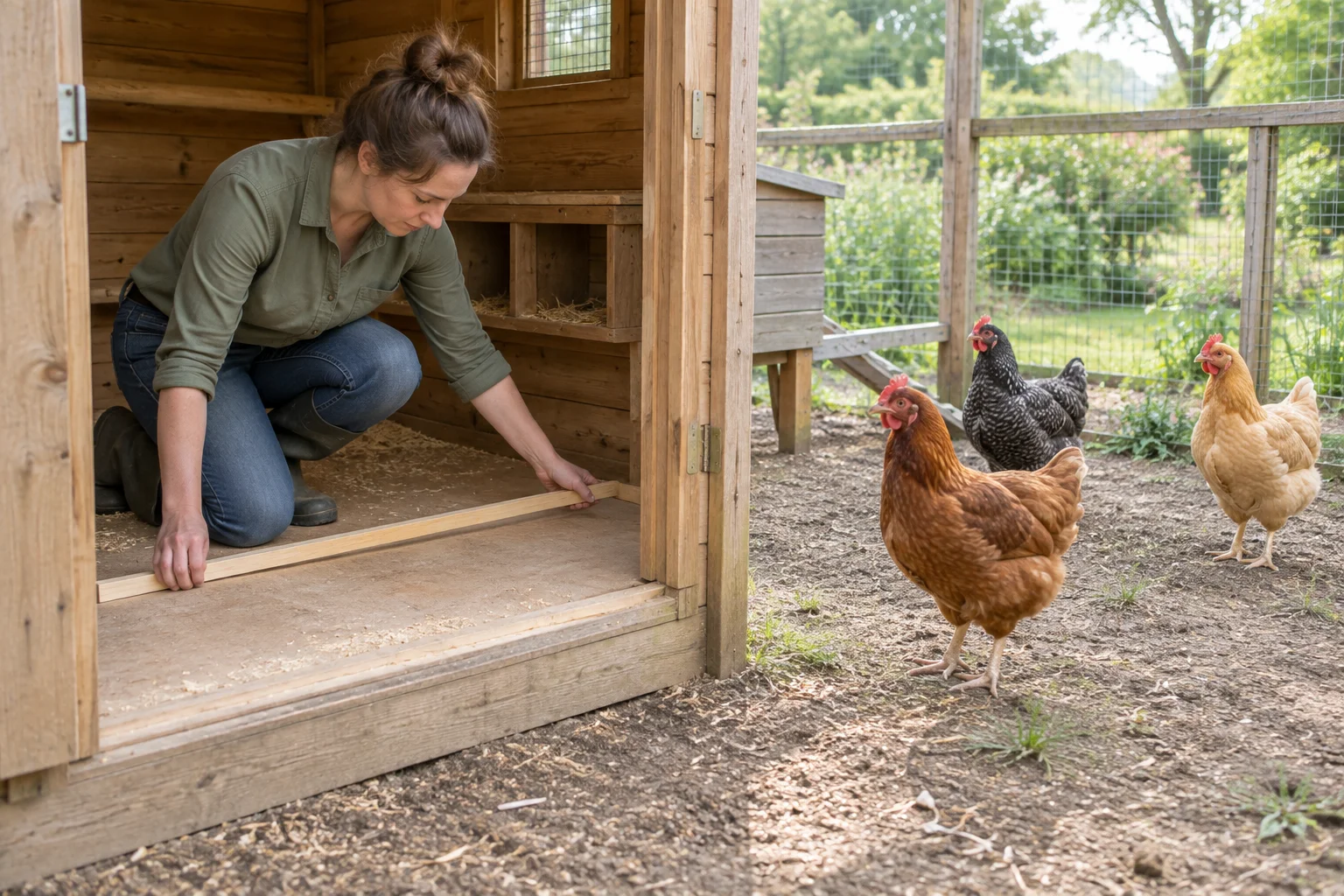 Une personne pose une latte de bois sans graduations sur le sol d’un poulailler. Trois poules se trouvent dans le parcours voisin.