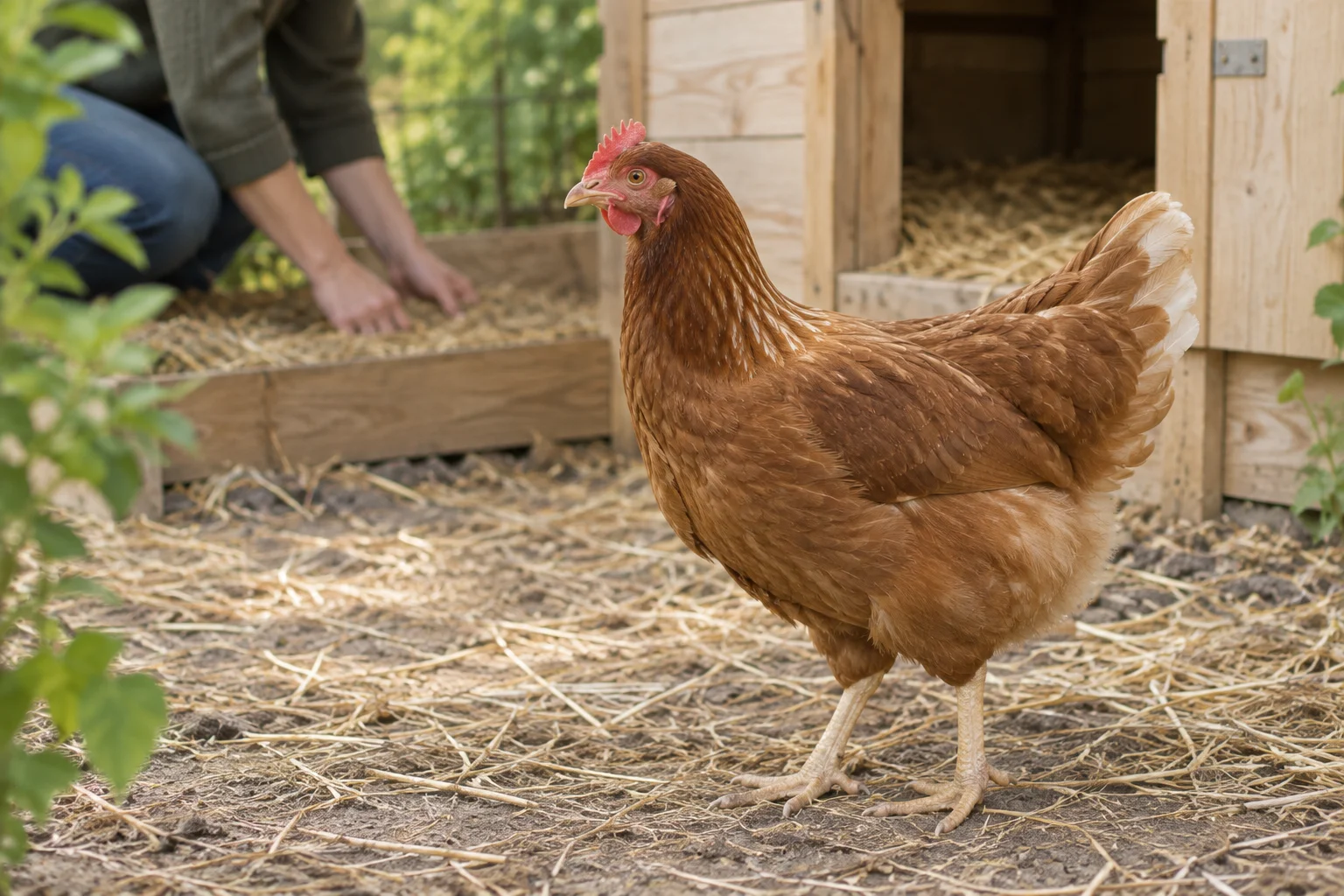 Une poule brune se tient sur de la paille et de la terre, les deux pattes visibles, devant un poulailler en bois, tandis qu’une personne examine la paille en arrière de la scène.