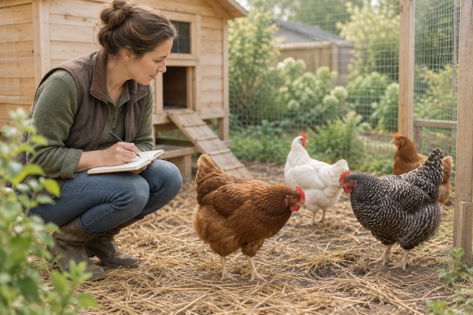 Une femme prend des notes en observant des poules dans un enclos.