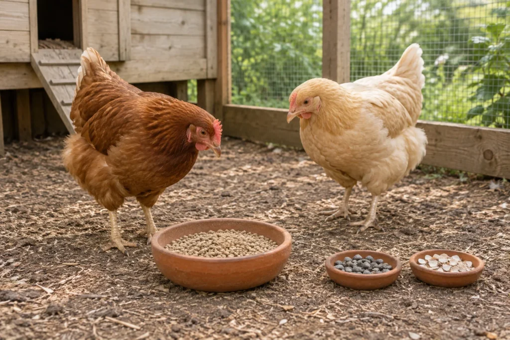 Deux poules dans un enclos, près d’une mangeoire et de récipients séparés contenant de petits cailloux foncés et des fragments de coquilles blanches.