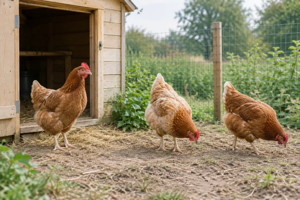 Trois poules brunes se tiennent près de la porte ouverte d’un poulailler en bois et grattent le sol, à côté d’un parcours clôturé.