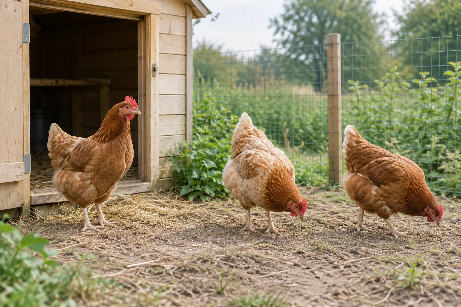 Trois poules brunes se tiennent près de la porte ouverte d’un poulailler en bois et grattent le sol, à côté d’un parcours clôturé.