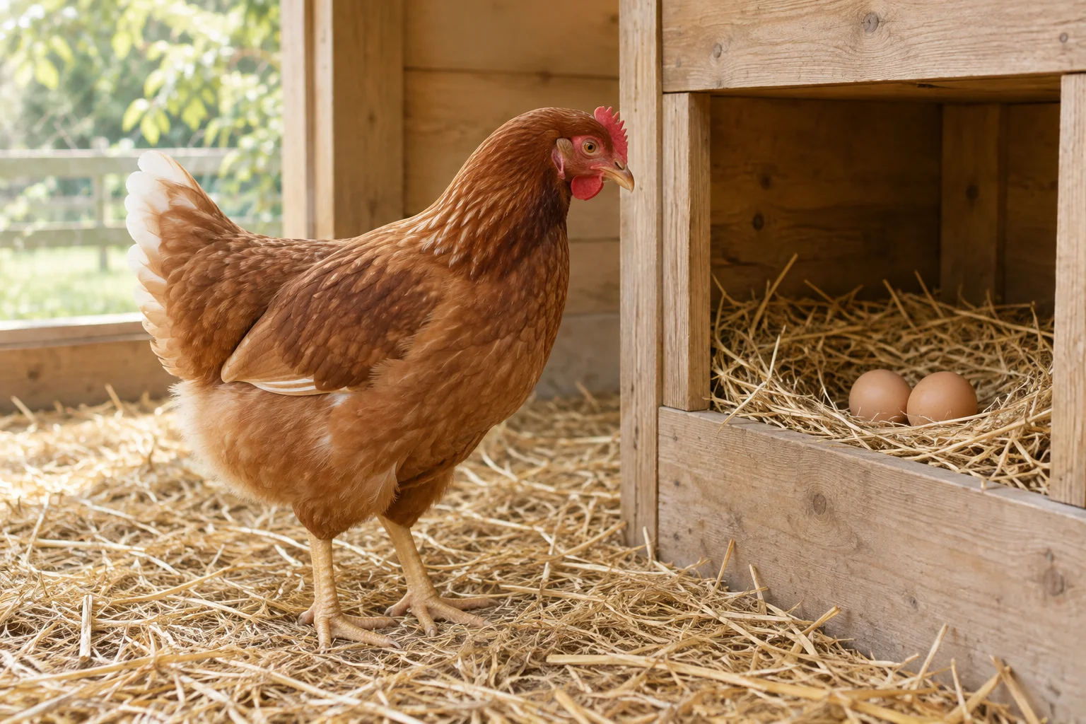 Une poule brune se tient sur de la paille à côté d’un pondoir en bois contenant deux œufs.