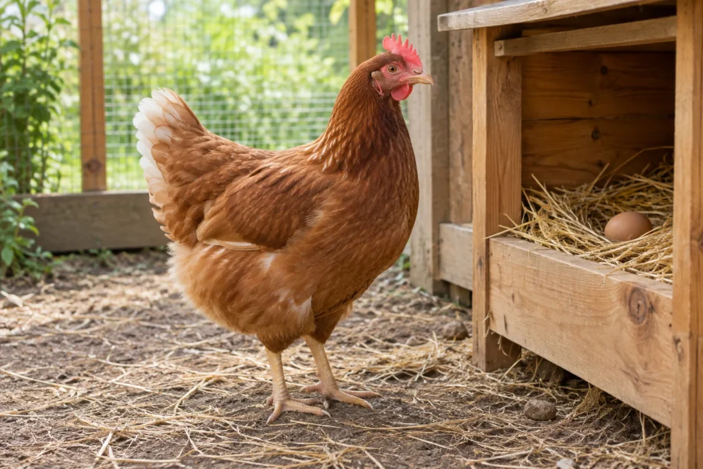 Une poule brune se tient sur de la paille à côté d’un pondoir en bois contenant un œuf.