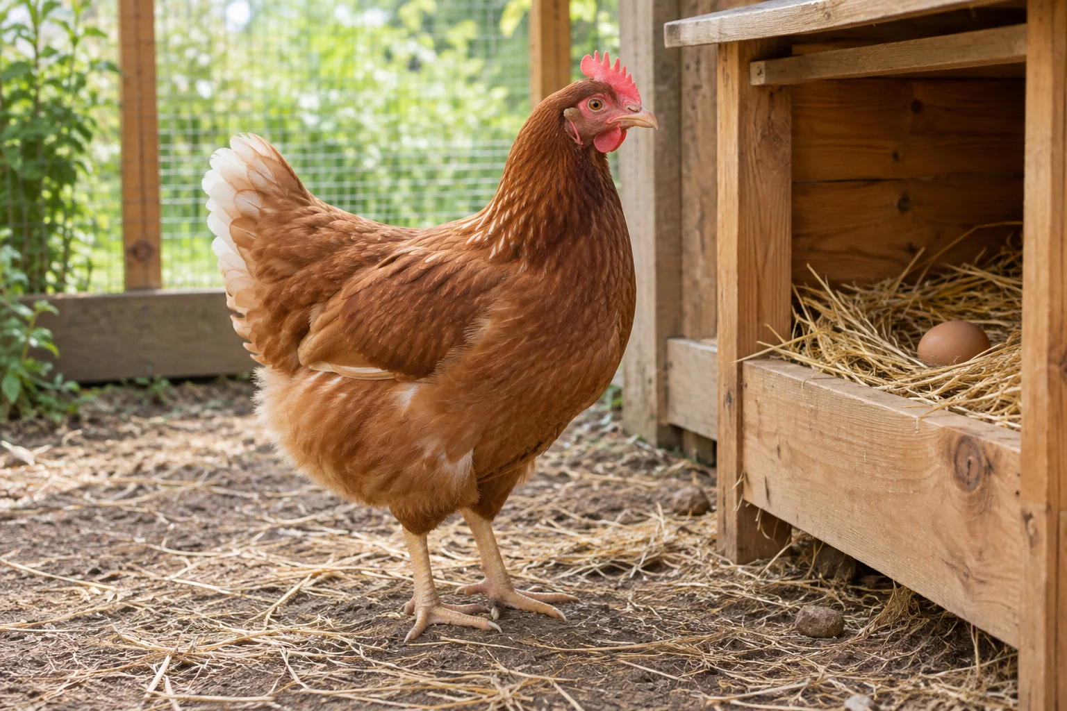 Une poule brune se tient sur de la paille à côté d’un pondoir en bois contenant un œuf.