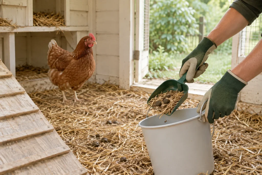 Des mains gantées tiennent une pelle contenant de la paille et des fientes de poules au dessus d'un seau blanc dans un poulailler. Une poule brune se trouve à l'arrière plan.