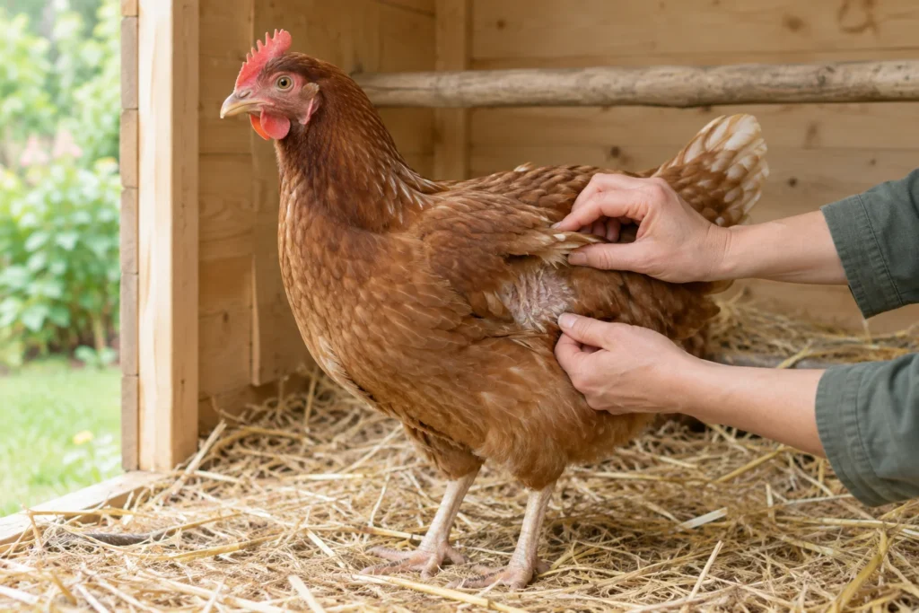 Une poule brune se tient sur de la paille dans un enclos en bois, tandis que deux mains écartent doucement ses plumes.