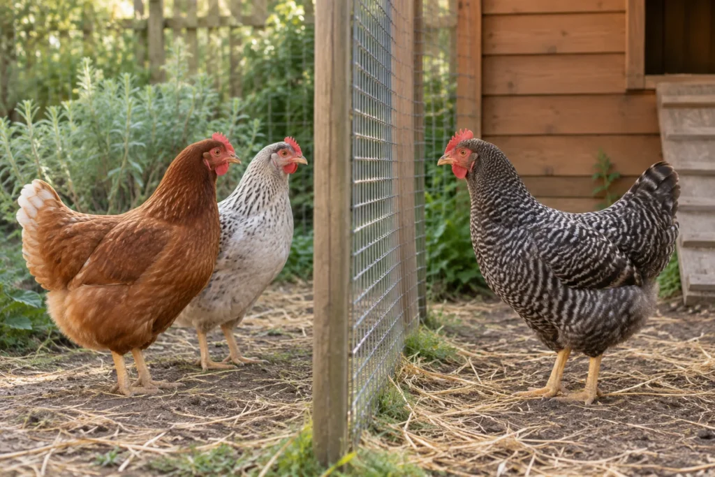 Trois poules se tiennent calmement près d’une séparation grillagée dans un parcours extérieur : deux d’un côté et une de l’autre.