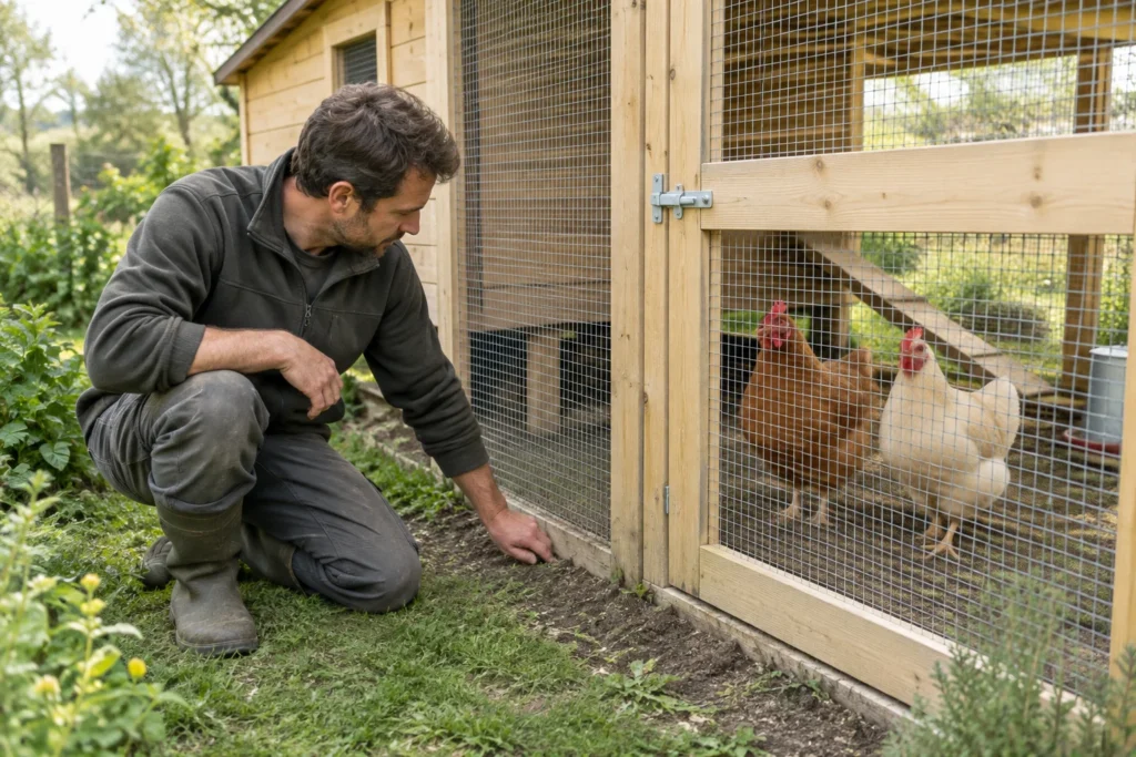 Une personne agenouillée près du bord inférieur d’un enclos à poules en bois examine le grillage et sa jonction avec le sol. Deux poules se tiennent derrière le grillage.