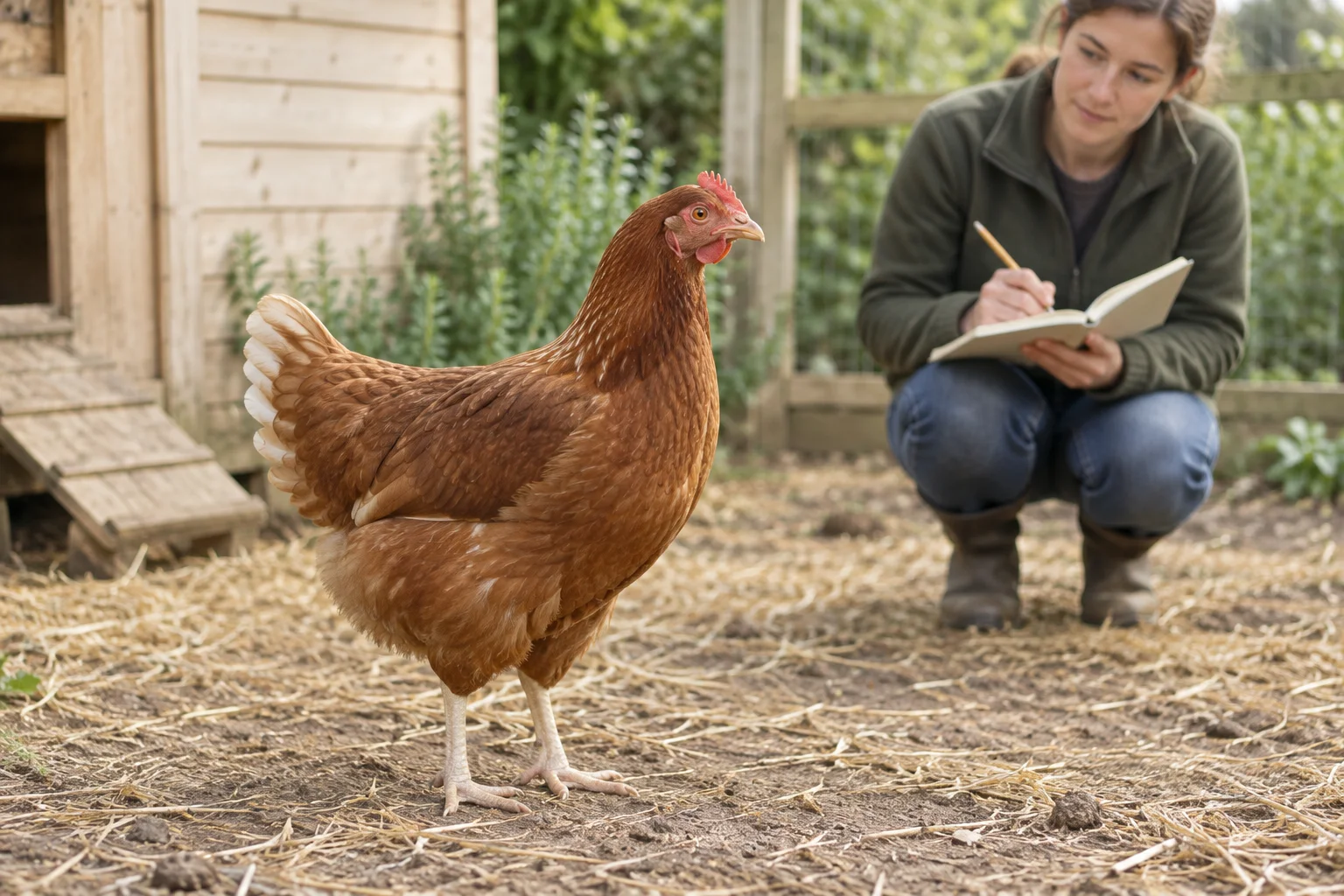 Une poule brune se tient sur de la paille près d’un poulailler en bois, tandis qu’une personne accroupie l’observe avec un carnet.