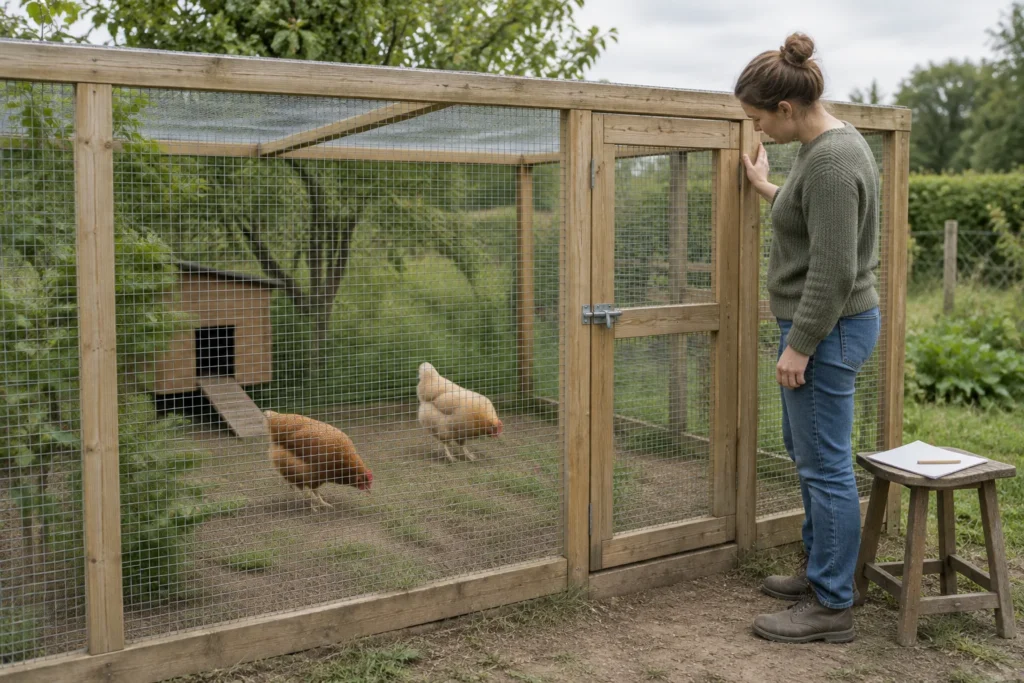 Une personne examine un enclos pour poules en bois, avec du grillage et une porte fermée. Deux poules grattent le sol à l'intérieur ; une feuille de papier vierge et un crayon sont posés sur un tabouret.