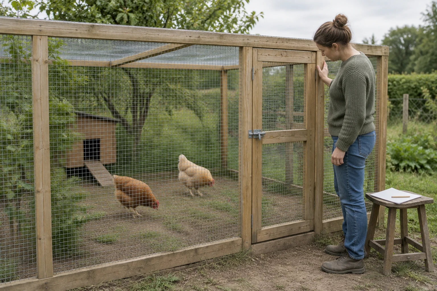 Une personne examine un enclos pour poules en bois, avec du grillage et une porte fermée. Deux poules grattent le sol à l'intérieur ; une feuille de papier vierge et un crayon sont posés sur un tabouret.