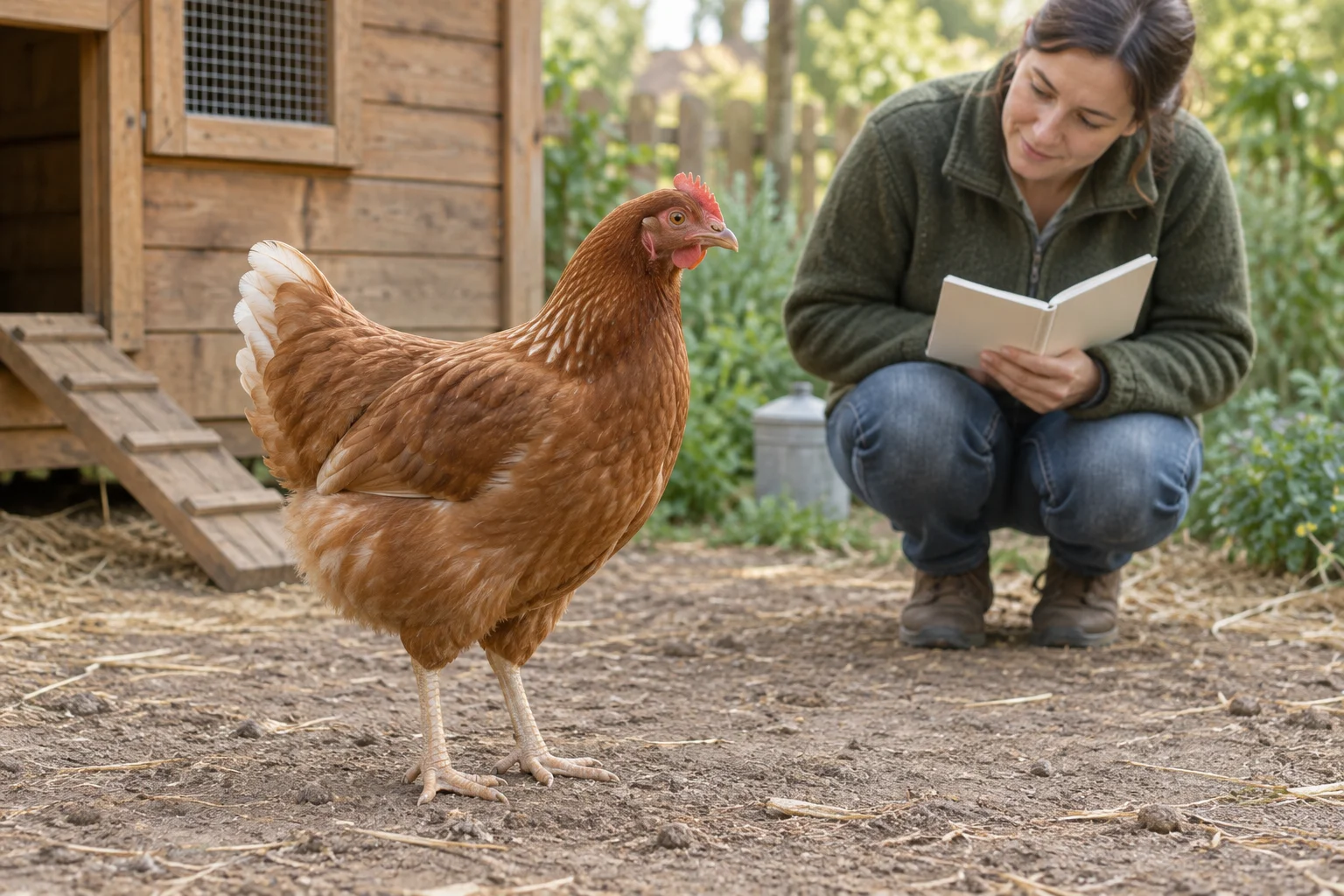 Une poule brune se tient sur un sol sec près d’un poulailler en bois, les deux pattes visibles, tandis que la personne qui s’en occupe l’observe avec un carnet ouvert.