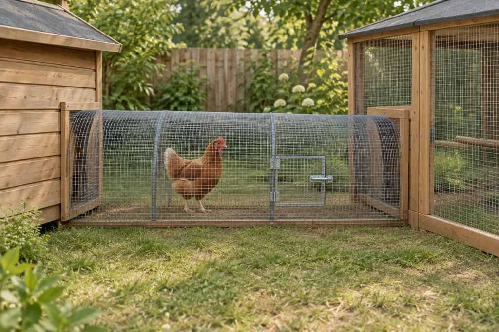 Une poule brune se tient dans un tunnel grillagé entre un poulailler en bois et un enclos extérieur.