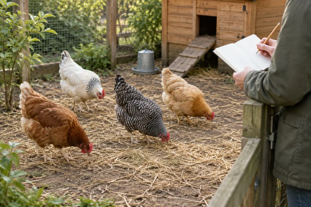 Quatre poules picorent dans un parcours tandis qu’une personne tient un carnet vierge près du portail.