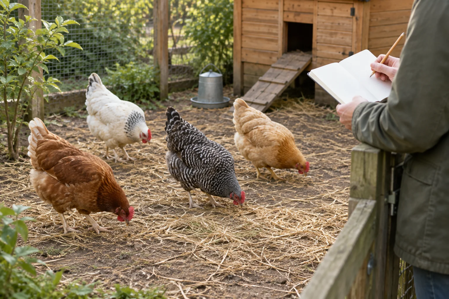 Quatre poules picorent dans un parcours tandis qu’une personne tient un carnet vierge près du portail.