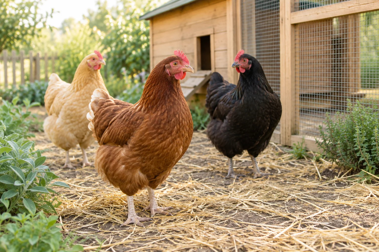Trois poules se tiennent près d’un poulailler en bois, dans un enclos dont le sol est couvert de paille.