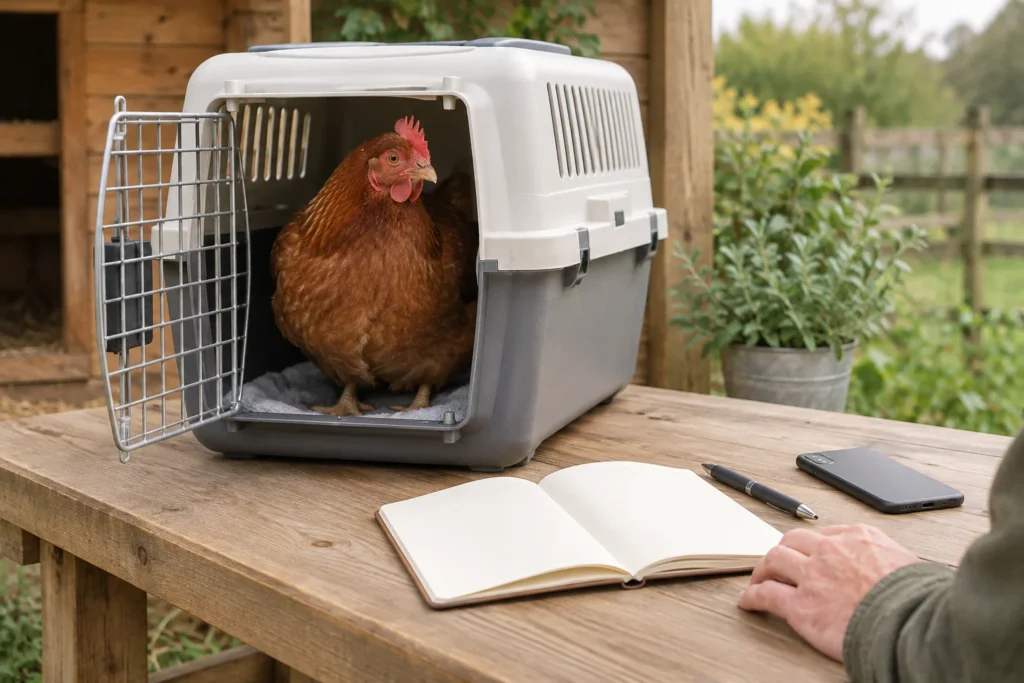Poule brune dans une caisse de transport ouverte posée sur une table en bois, à côté d’un carnet vierge, d’un stylo et d’un téléphone.