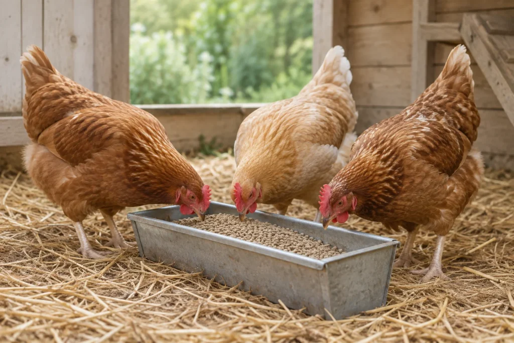 Trois poules mangent des granulés dans une mangeoire en métal à l’intérieur d’un poulailler.