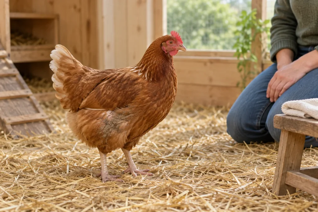 Une poule brune, avec une tache de terre sur le flanc, se tient sur de la paille tandis qu’une personne est assise à côté d’elle. Un linge est posé sur un tabouret.