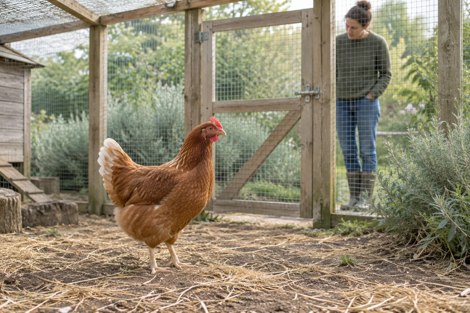 Poule brune dans un enclos clôturé, avec une personne près du portail en bois.