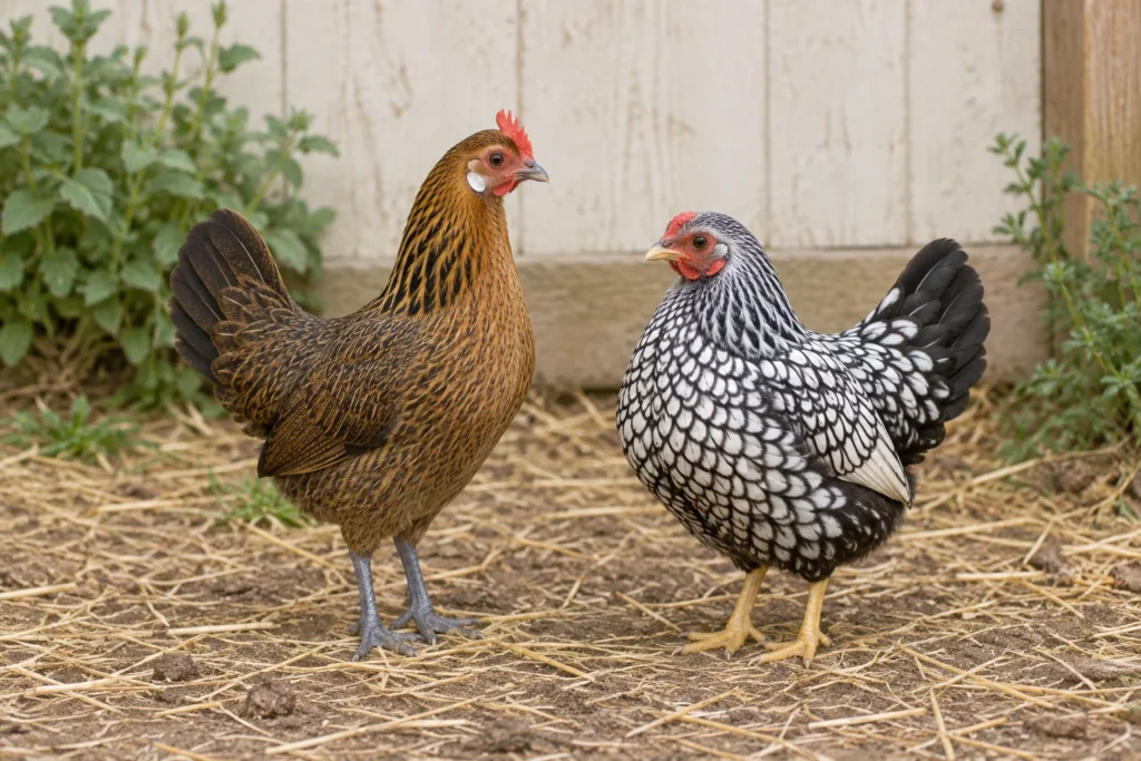 Deux poules naines dans un enclos extérieur : à gauche, une poule brune et noire aux pattes bleu ardoise ; à droite, une poule noire et blanche aux pattes jaunes.